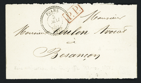 Bande sans timbre avec CAD perlé T22 "Fuans (24)" (1858) + "PP" rouge encadré. Rare utilisation indiquant un port en numéraire. TB
