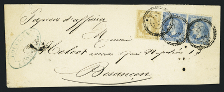 N°28 + 29 en paire OBL CAD perlé T22 "Fuans (22)" (1870) sur papier d'affaires pour Besançon. TB