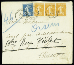 N°140 + 158, bande de 3, OBL CAD convoyeur ligne "Lyon à Rives" (24.3.1924 - dernier jour du tarif du 1.4.1920) sur lettre du 2ème échelon. TB