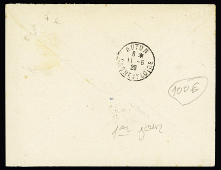 N°111 + 159 OBL Auxerre Yonne (1.5.26 - 1er jour du tarif) sur env entier postal 25c semeuse bleu. TB