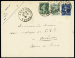 N°111 + 159 OBL Auxerre Yonne (1.5.26 - 1er jour du tarif) sur env entier postal 25c semeuse bleu. TB