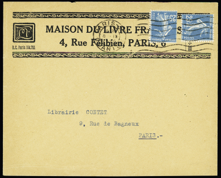 N°140, 2 timbres de roulette OBL mec "Paris 25 R. Danton" (1926) sur lettre à en-tête "Maison du livre français". TB