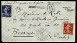 N°138 + 140 OBL CAD 2 cercles "Tresor et poste 18" (24 mai 1908) sur lettre recommandée avec griffe noire "Colonne d'Oujda" et mention manuscrite "Corps d'occupation de la frontière marocaine". Rare et TB