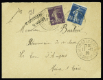 N°140 + 142 OBL CAD "St Georges Le Gaultier Sarthe" (1920) sur lettre avec griffe de recommandation provisoire. TB