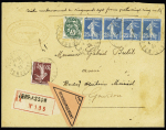 N°111 + 139 + 140, bande de 4, OBL Terrasson Dordogne (4.9.25) sur lettre recommandée du 2ème échelon contre remboursement pour Gourdon ave étiquette triangulaire orange. TB