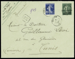 Env entier postal 15c semeuse lignée avec surcharge "taxe réduite à 0F10" avec n°140 OBL petit CAD type 15 (usage tardif) "Grasse (67)" (1907) en recommandée pour Tunis. TB