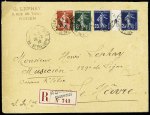 N°137 + 138 + 140 en paire interpanneau millésime 0 OBL Rouen (1910) sur lettre recommandée du 4ème échelon. TB
