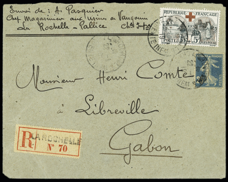 N°14 + 156, 15c + 5c infirmière Croix-Rouge, OBL La Rochelle (1920) sur lettre recommandée pour Libreville Gabon. TB