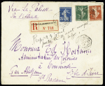 N°137 + 138 + 140 OBL CAD hexagonal à cercle intérieur "Bordeaux - Bourse A Gironde" (1915) sur lettre recommandée pour Toumodi (Côte d'Ivoire). TB