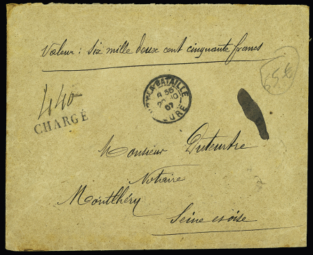 N°138 + 140, 7 pièces obl Ivry la Bataille Eure (1907) au verso d'une lettre en valeur déclarée (VD 6250F) avec cachet descriptif des chargements. TB