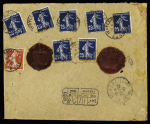 N°138 + 140, 7 pièces obl Ivry la Bataille Eure (1907) au verso d'une lettre en valeur déclarée (VD 6250F) avec cachet descriptif des chargements. TB