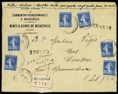 N°140, 6 pièces, OBL Decazeville Aveyron (1922) sur lettre chargée pour Rocamadour (VD 4184F 70c). TB