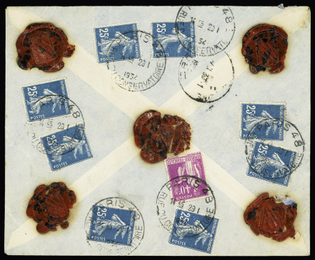 N°140, 8 pièces + n°281 OBL grand CAD horoplan "Paris 48 R. du Conservatoire" (1934) sur lettre en VD 2ème échelon (VD 180F). Usage tardif. TB
