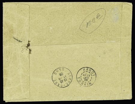 N°137 + 138 + 140 perforés petit "CL" du Crédit Lyonnais de Nîmes sur papier d'affaires recommandé annoté pour Hanoï (Tonkin). Pièce rare à divers points de vue. TB