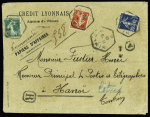 N°137 + 138 + 140 perforés petit "CL" du Crédit Lyonnais de Nîmes sur papier d'affaires recommandé annoté pour Hanoï (Tonkin). Pièce rare à divers points de vue. TB