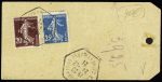 N°139 + 140 OBL hex "Bagneaux sur Loing Seine et Marne" (1921) sur étiquette d'échantillon jusqu'à 100 grammes avec griffe de recommandation provisoire. TB