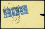 N°140 en bande de 3 OBL Paris 120 (1924) sur étiquette d'échantillon jusqu'à 200g contre remboursement du 14.10.1924 pour Saint Gaudens. TB
