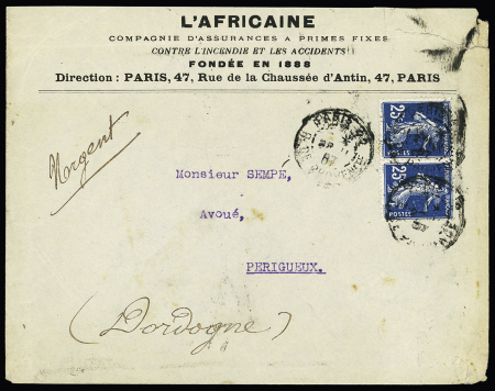 N°140 en paire OBL Paris 22 R. de Provence (1907) sur lettre par exprès du 2ème échelon pour Périgueux. TB