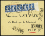 N°140, bande de 5 BDF OBL CAD "Strasbourg 2 Bas-Rhin" (1922) sur lettre par exprès pour Paris avec griffe encadrée "Exprès" frappée 3 fois. TB
