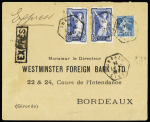 N°186, 50c bleu JO 1924, 2 pièces + n°140 OBL hex "Paris départ" (1924) de levée exceptionnelle sur lettre pour Bordeaux avec griffe encadrée "exprès". TB