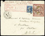 N°140 + 121, 1F Merson, 2 pièces OBL Toulouse-Gare (31.5.25) sur lettre pour Dakar avec grande griffe encadrée "par avion" et mention manuscrite "1er voyage aérien France-Dakar par les avions Latécoère" (31.5.25 - 