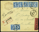 N°140, 7 pièces, OBL Narbonne Aude (1924) sur lettre par avion recommandée pour Casablanca (2ème échelon). TB