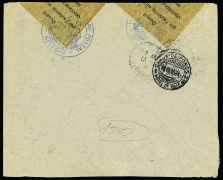 N°139 + 140 OBL CAD "Maiche Doubs" (1915) sur lettre recommandée du 2ème échelon frontalier avec censure de Belfort. Rare et TB