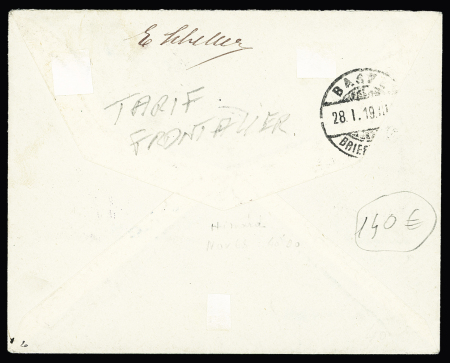 N°138 + 140 OBL CAD allemand "Bartenheim (Elsass)" (1919) sur lettre recommandée au tarif frontalier pour Bâle (Suisse). TB