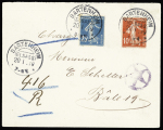 N°138 + 140 OBL CAD allemand "Bartenheim (Elsass)" (1919) sur lettre recommandée au tarif frontalier pour Bâle (Suisse). TB