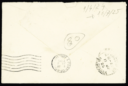 N°140 3 pièces, OBL CAD octogonal à cercle intérieur "Cayenne à Fort de France LC" (1925) sur lettre postée à bord du paquebot "St Domingue" pour Demarara, Guyane britannique. TB