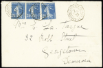 N°140 3 pièces, OBL CAD octogonal à cercle intérieur "Cayenne à Fort de France LC" (1925) sur lettre postée à bord du paquebot "St Domingue" pour Demarara, Guyane britannique. TB