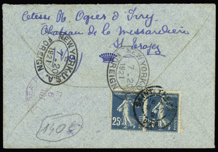 N°140 en paire OBL St Tropez Var (8.7.1921) sur lettre avec griffe de recommandation provisoire pour Hamilton (Bermudes) (tarif du 1.4.1921). TB