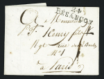 MP "24 Besançon" (Grand B), an 4 (1796) sur lettre pour Paris (tarif du 6 Nivose an 4 qui n'a duré que 6 mois). TB