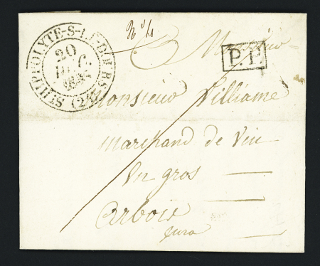 Lettre avec grand CAD T13 "St Hyppolyte-s-le Doubs (24)" (1838) + griffe noire encadrée "PP". TB