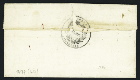 Lettre avec cursive "24 Jougne" + T12 Pontarlier (1838) pour la Suisse avec marque d'échange rouge dans un cadre "FR4D", ind 10+. TB