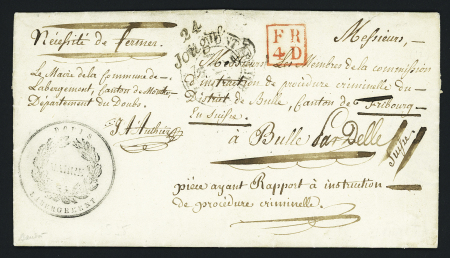 Lettre avec cursive "24 Jougne" + T12 Pontarlier (1838) pour la Suisse avec marque d'échange rouge dans un cadre "FR4D", ind 10+. TB