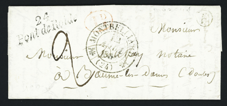 Lettre avec cursive "24 Pont de Roide" + T12 "Montbélliard (24)" (1836) + décime rural rouge + boire rurale de Dambelin - ind 16. TB