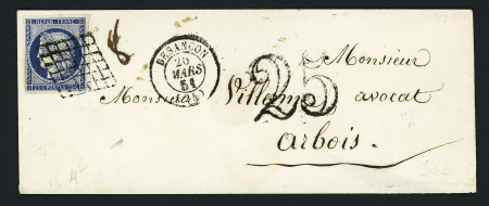 N°4 OBL grille + T15 "Besançon (24)" (20 mars 1851) sur lettre avec taxe 25 double trait sur lettre pour Arbois. TB