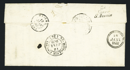 N°4 OBL grille + T15 "Pont-de-Roide (24)" (1852) sur lettre avec au verso cursive "24 Cour Saint Maurice". TB