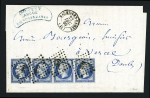 N°14, 20c bleu, bande de 4, OBL PC 289 + T15 "Baume-les-Dames