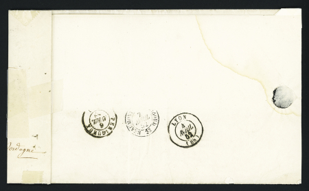 N°1, 10c bistre-jaune, OBL PC 378 + T15 Besançon (1852) sur avis de décès pour Baumont (tarif du 1.1.1828). TB