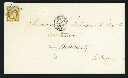 N°1, 10c bistre-jaune, OBL PC 378 + T15 Besançon (1852) sur avis de décès pour Baumont (tarif du 1.1.1828). TB