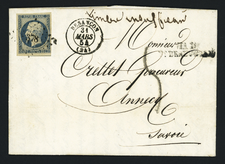 N°10, 25c bleu, OBL PC 378 + T15 Besançon (31 mars 1854) sur lettre pour Annecy avec mention manuscrite "timbre insuffisant" + griffe noire "Via Pt Beauvoisin" + taxe 5 tampon façon manuscrite. TB