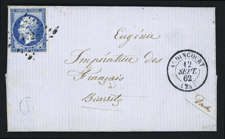 N°14 OBL PC 172 + T15 "Audincourt (24)" (1862) sur lettre adressée à l'impératrice Eugénie avec au verso CAD rouge "Bau du Palais de Biarritz". RR