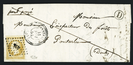 N°13 OBL PC 435 + T22 Bonnevaux (1858) sur lettre avec boire rurale "D" de Courvières pour Pontarlier, signé Calves. TB