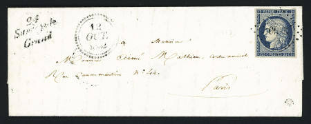 N°4 OBL PC 2800 + cursive "24 Sancey le Grand" + dateur B (1852) sur lettre. TB