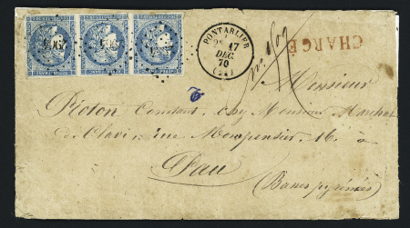 N°46, type 3 report 1, bande de 3 OBL PC 2964 + T16 "Pontarlier (24)" (1870) sur lettre chargée pour Pau. TB