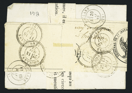 N°60 en bande de 3 verticale OBL PC du GC 353 + T17 Baume-les-Dames (1873) sur lettre recommandée du tribunal de première instance avec griffe rouge "retour à l'envoyeur 3226" de Roulans. TB