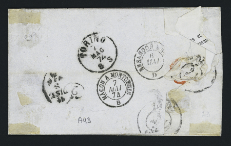 N°57 OBL GC 217 + T17 Audincourt (1874) sur lettre en double port pour l'Italie avec petite griffe rouge encadrée "PD". TB