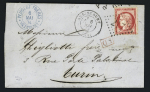 N°57 OBL GC 217 + T17 Audincourt (1874) sur lettre en double port pour l'Italie avec petite griffe rouge encadrée "PD". TB
